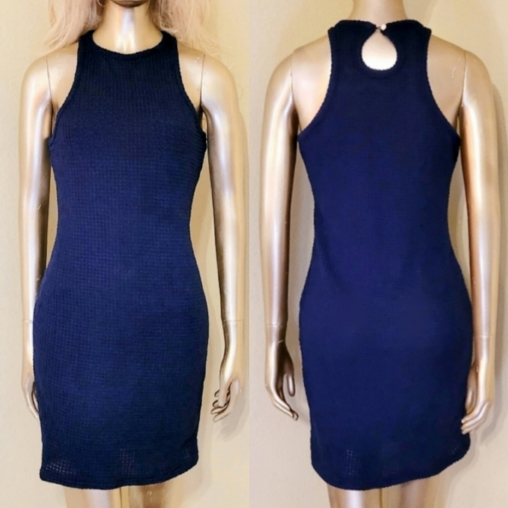 NWT Navy Blue Waffle Knit Keyhole Back Halter Bodycon Mini Dress